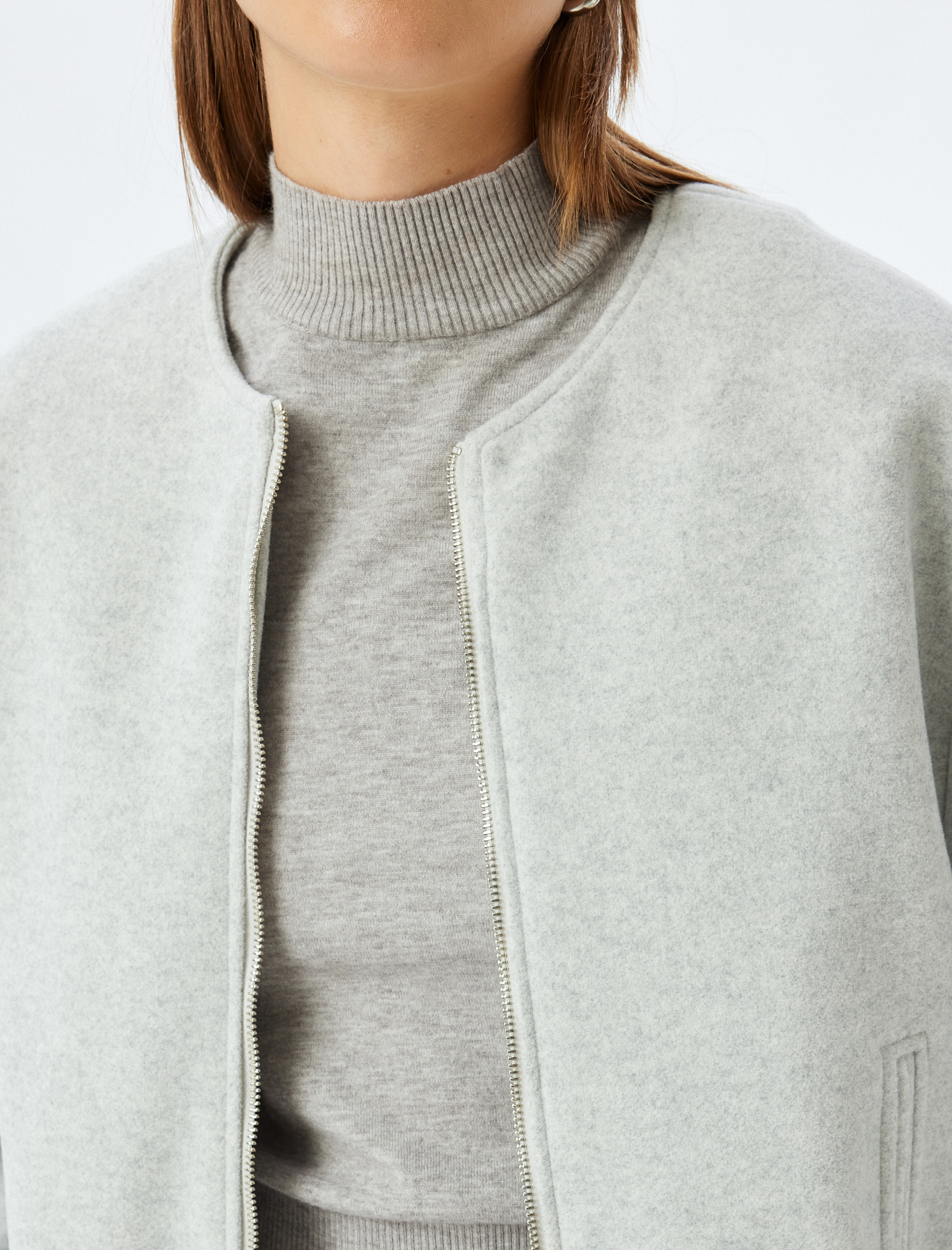   Crop Bomber Ceket Yumuşak Dokulu Yuvarlak Yaka Cepli Astarlı