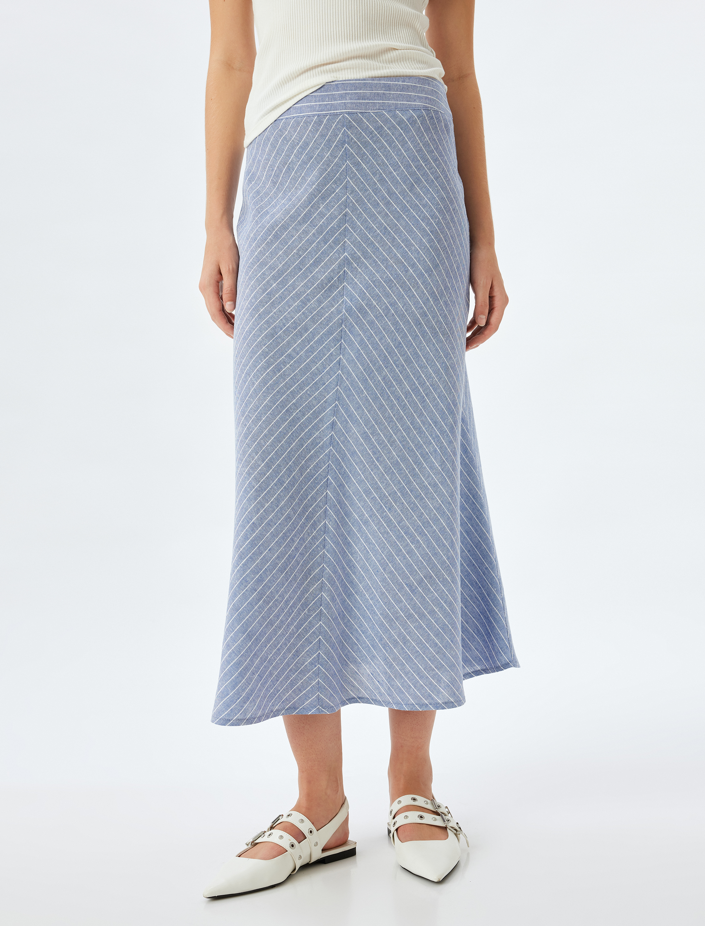   Kalın Keten Kumaş Midi Boy Çan Etek