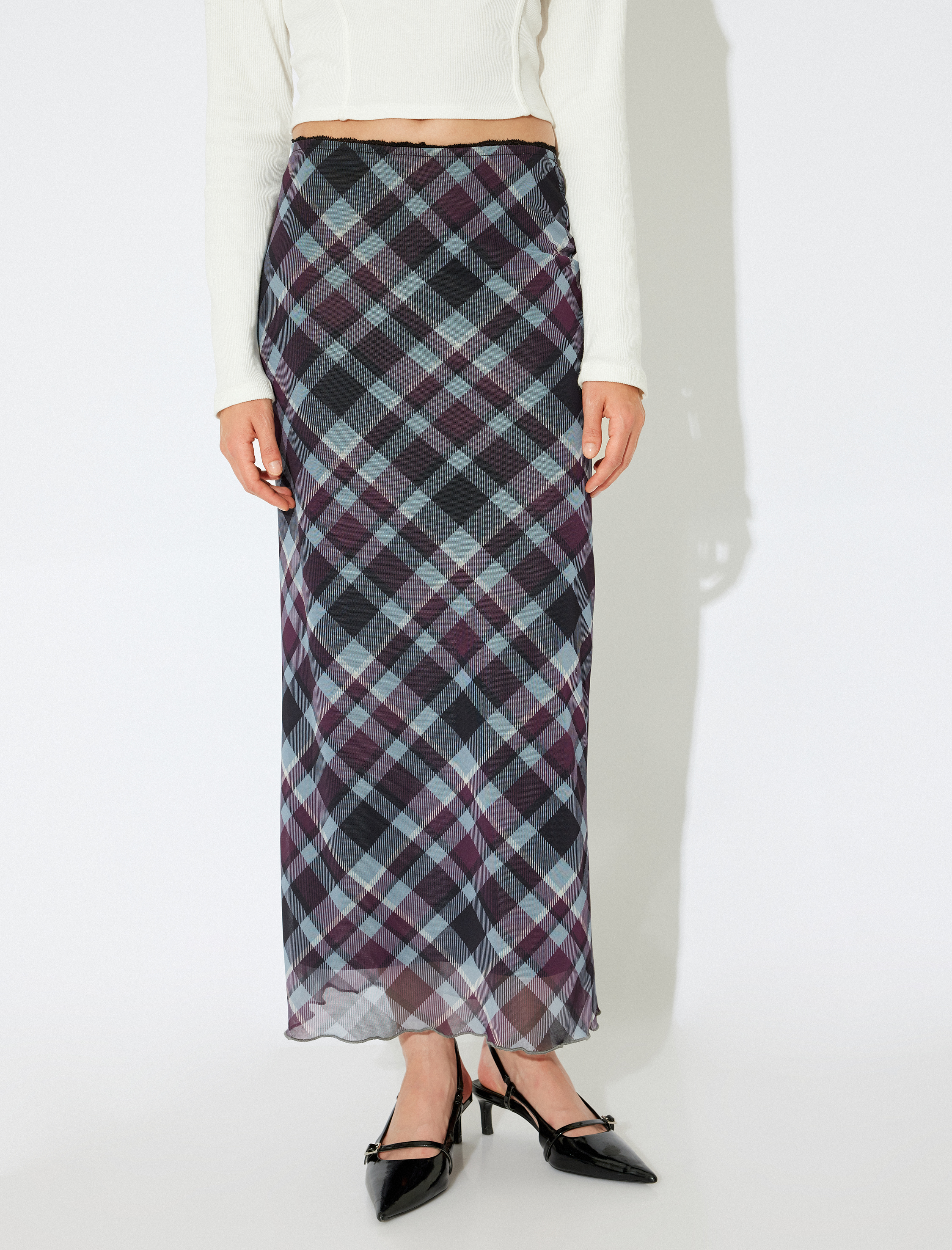   Koton X İnji - Midi Tül Etek Ekoseli Yüksek Bel