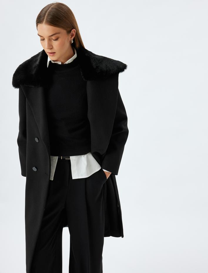  Suni Kürk Yaka Uzun Kruvaze Kaşe Kaban Kemerli Düğmeli Cepli