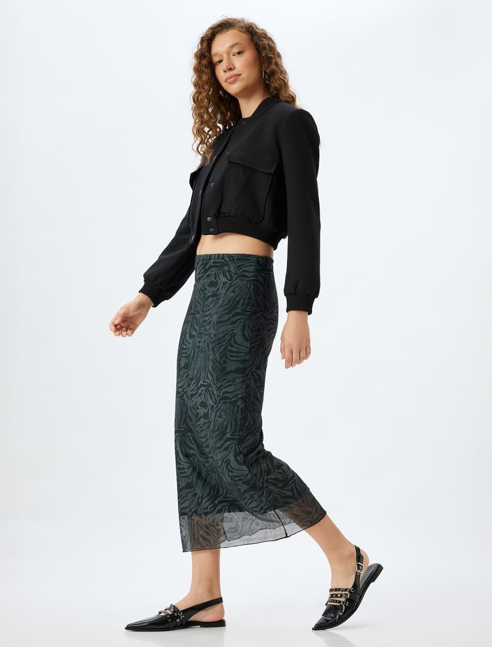  Midi Astarlı Leopar Desenli Tül Kalem Etek