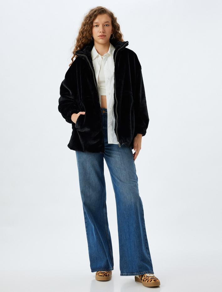  Suni Kürk Fermuarlı Cep Detaylı Astarlı Uzun Ceket