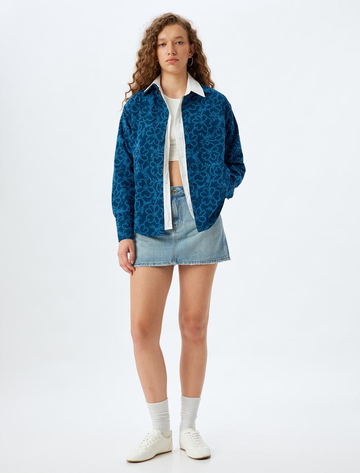  Çiçekli Klasik Yaka Uzun Kollu Düğmeli Poplin Gömlek