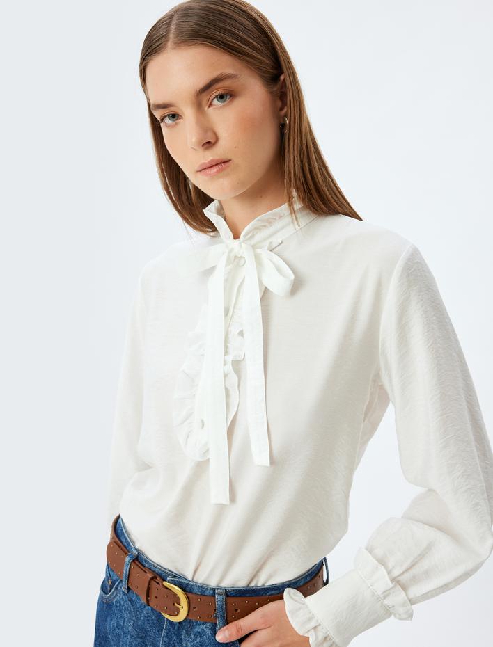  Fırfırlı Fiyonk Detaylı Dik Yaka Gömlek Viskon Kumaş