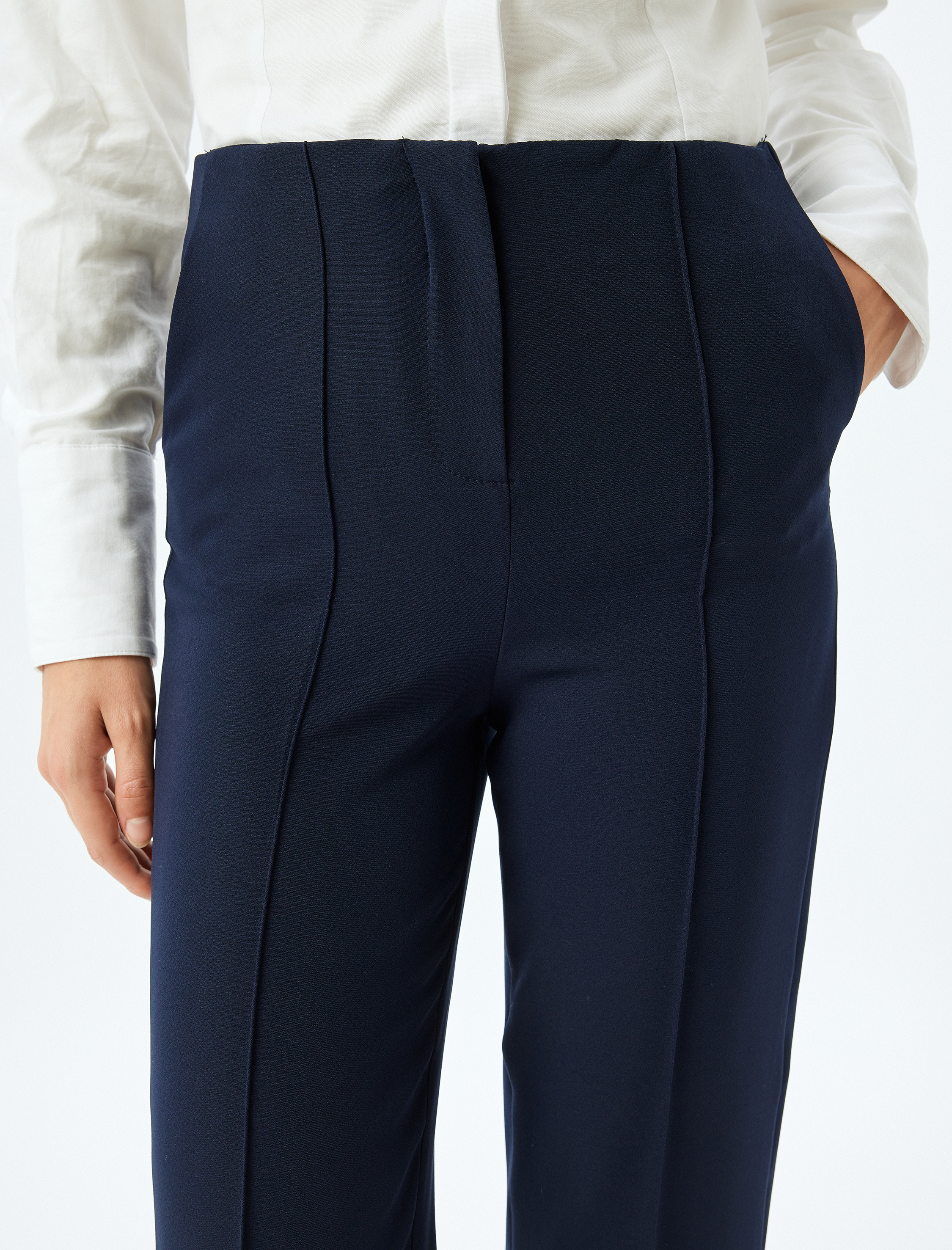   Slim Düz Paça Kumaş Pantolon Cepli Standart Bel