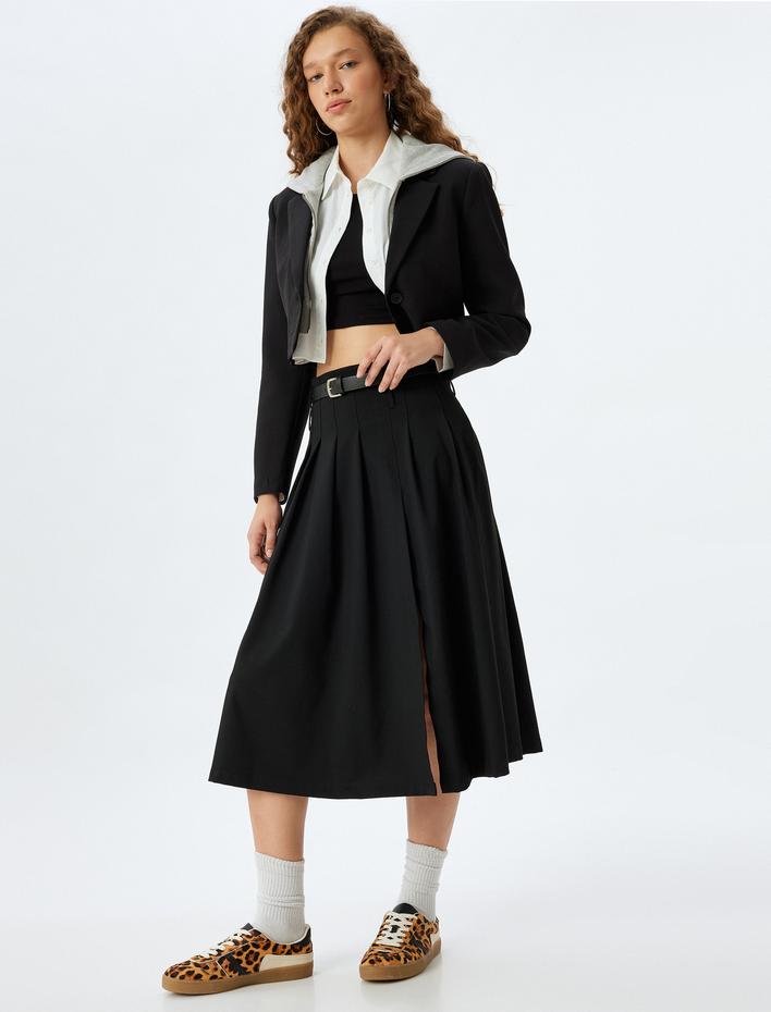  Midi Pileli Yırtmaçlı Kemer Detaylı A Kesim Etek