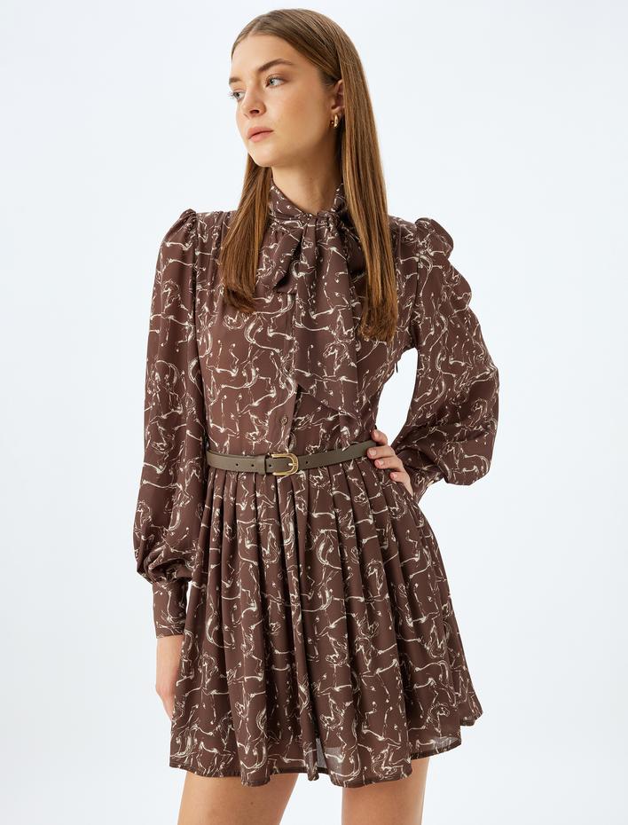  Uzun Kollu Mini Elbise Şal Yaka Desenli Kemer Detaylı Astarlı Bol Kalıp