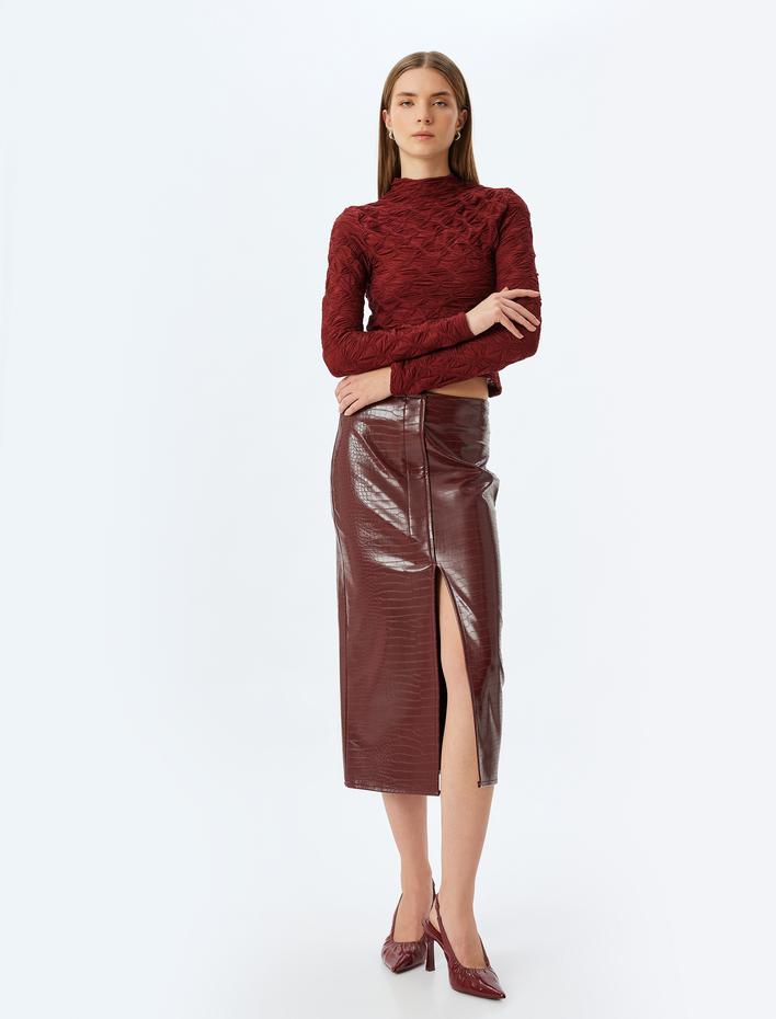  Dokulu Yarı Transparan Body Dik Yaka Uzun Kollu Slim Fit