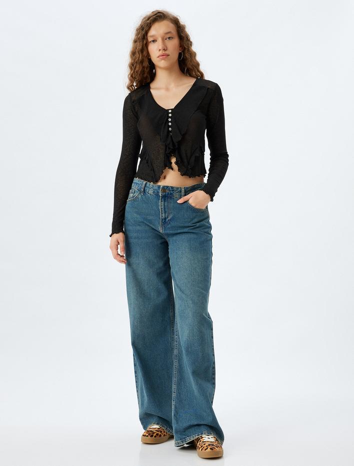  Uzun Kollu Düğmeli V Yaka Fırfırlı Asimetrik Bluz