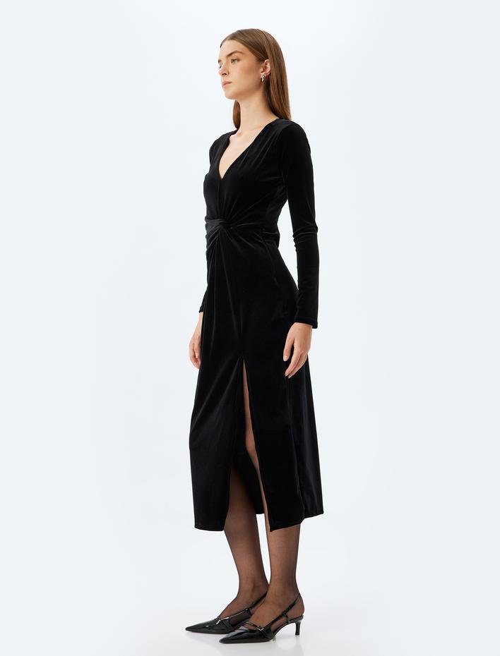  Uzun Kadife Elbise Slim Fit V Yaka Uzun Kollu Yırtmaç Detaylı