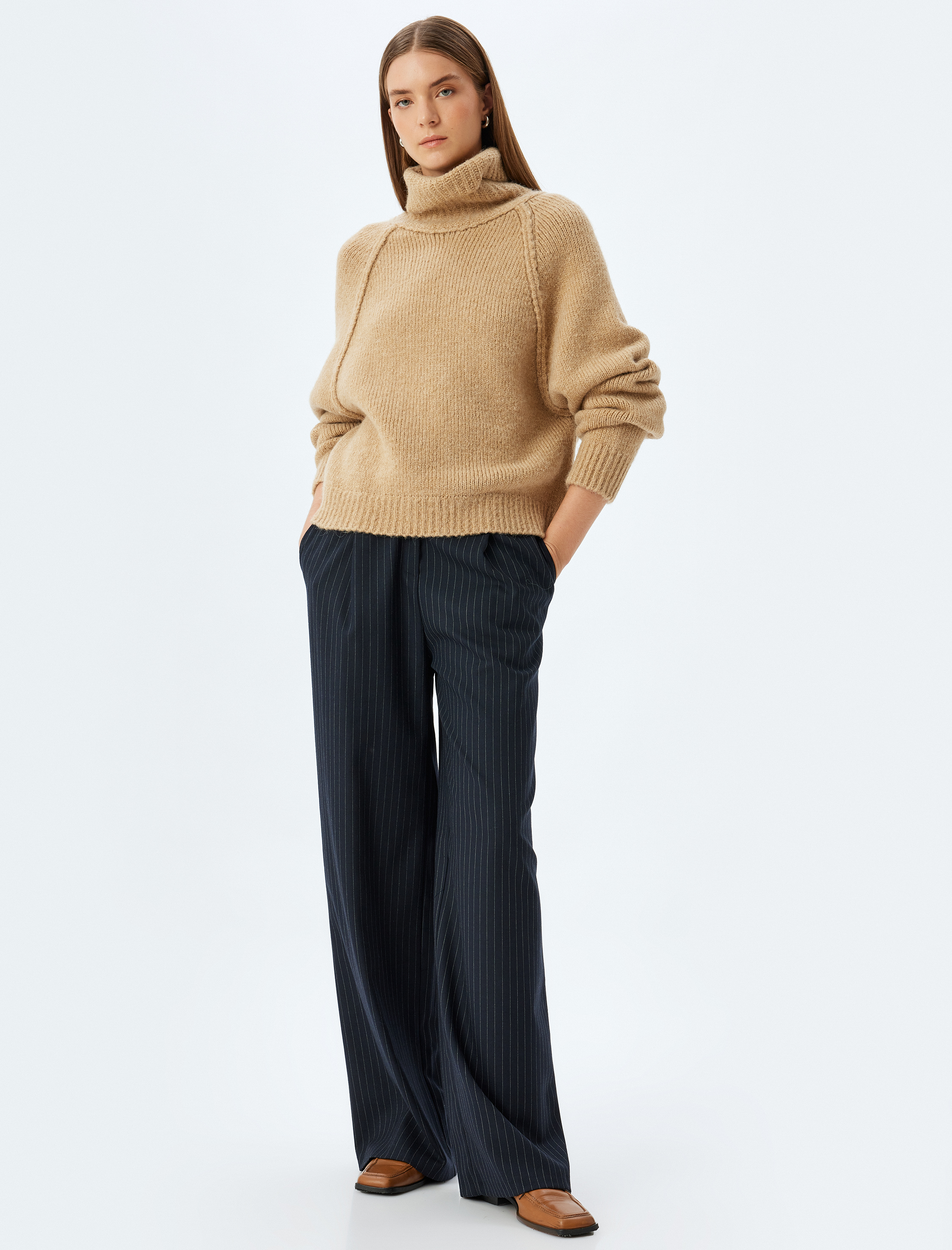   Oversize Örgü Kazak Balıkçı Yaka Uzun Kollu