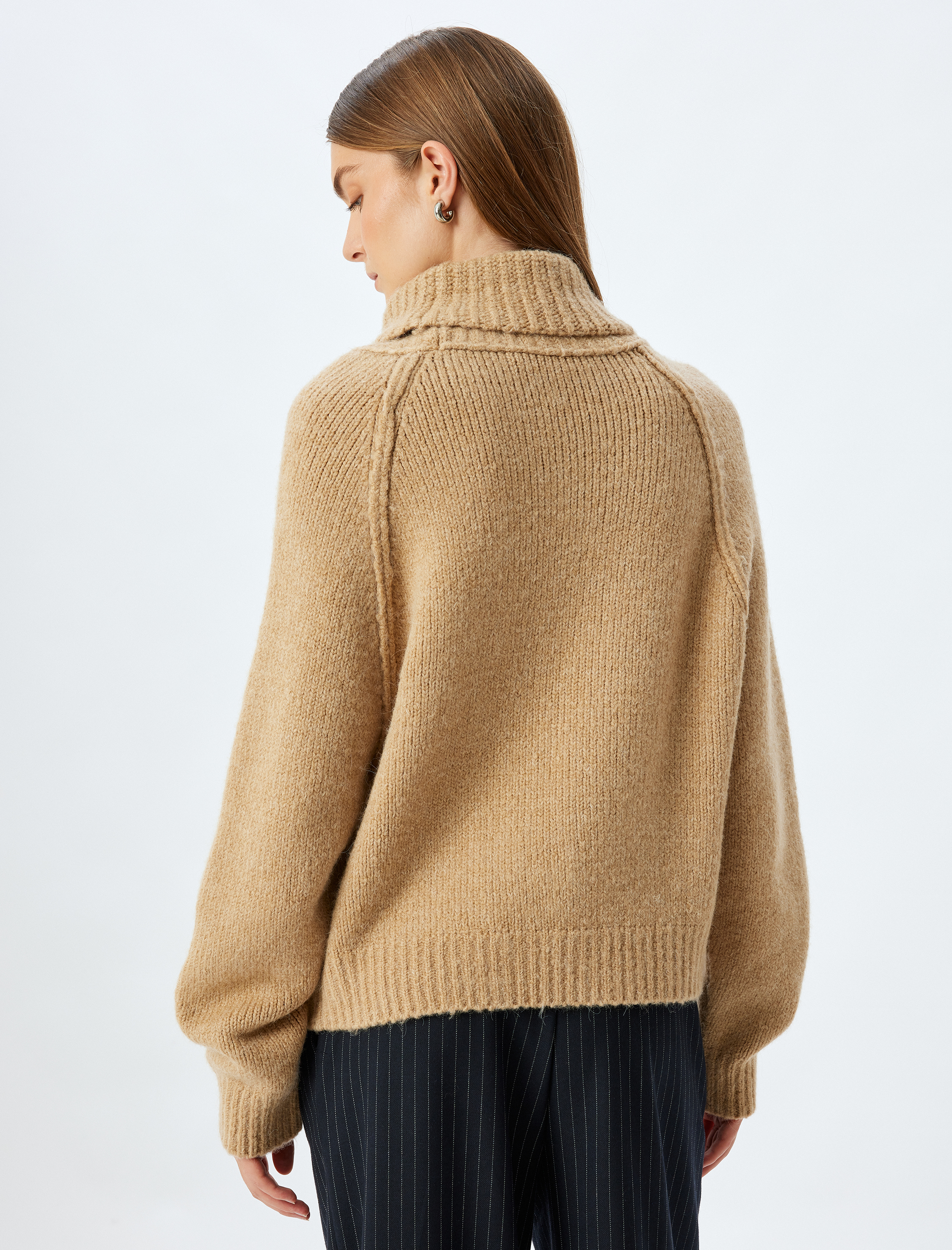   Oversize Örgü Kazak Balıkçı Yaka Uzun Kollu