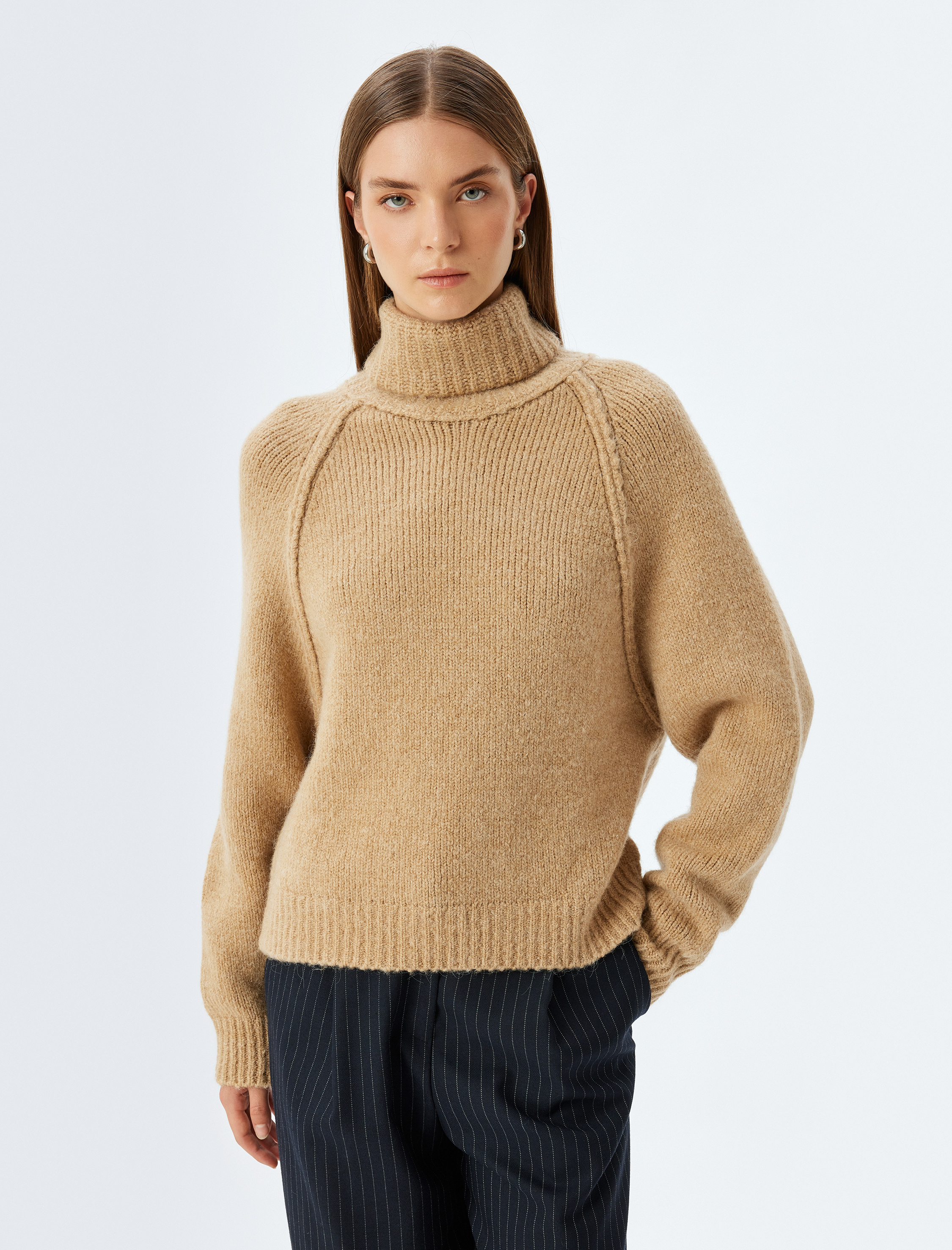   Oversize Örgü Kazak Balıkçı Yaka Uzun Kollu