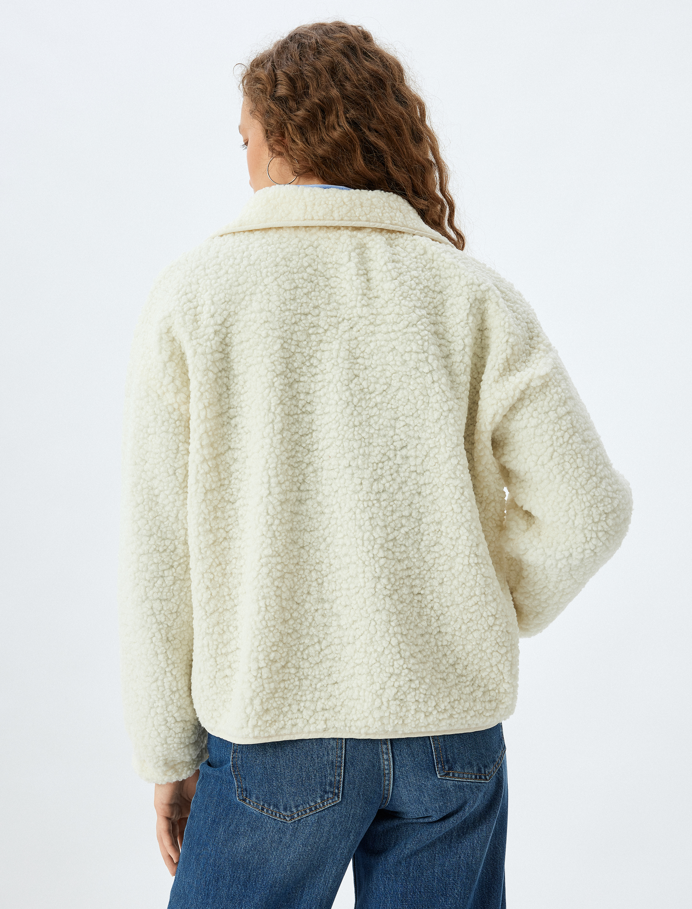 Oversize Peluş Ceket Fermuarlı Cep Detaylı Dik Yaka Çıtçıt Düğmeli