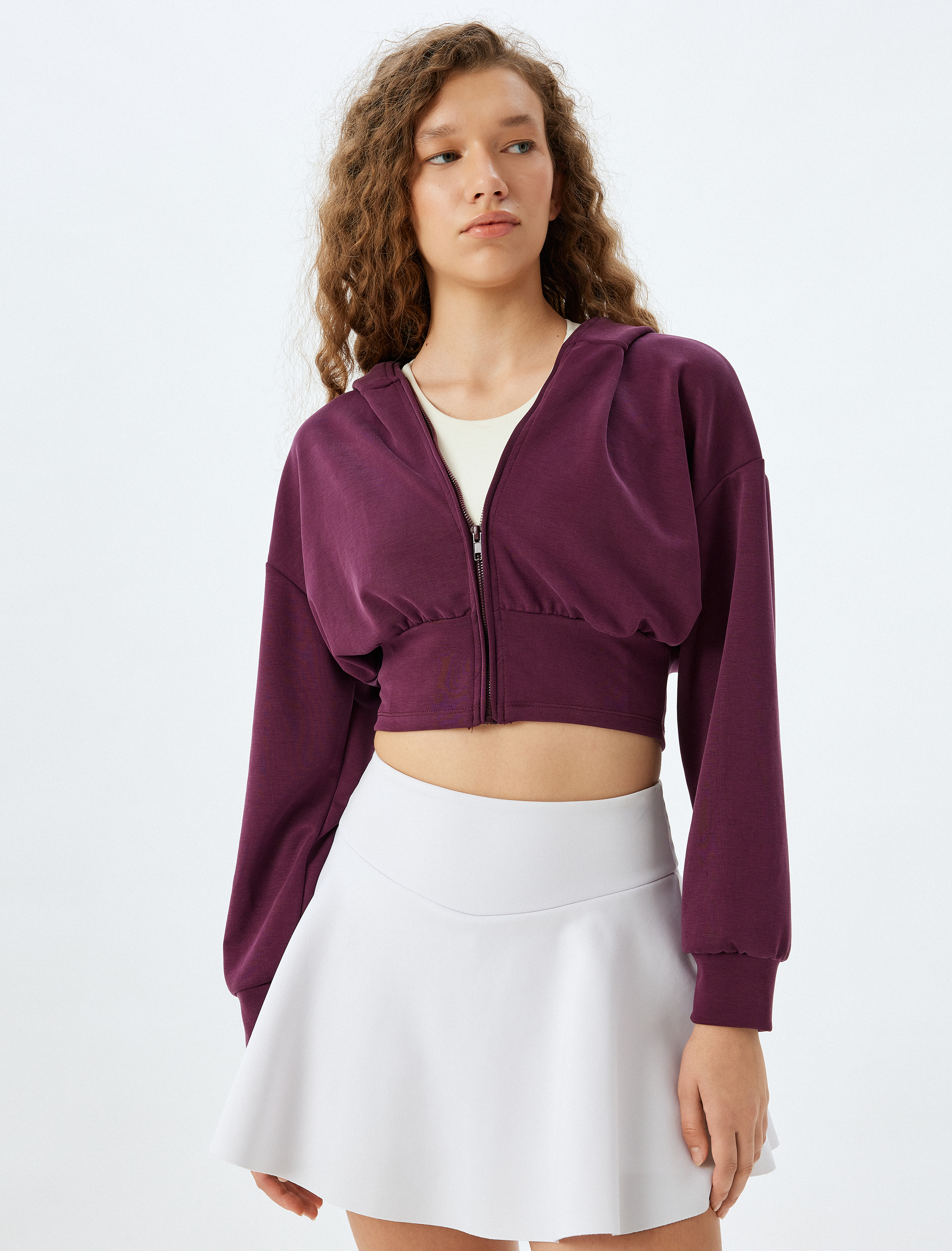   Crop Kapüşonlu Sweatshirt Fermuarlı Kalın Modal Kumaş Rahat Kalıp