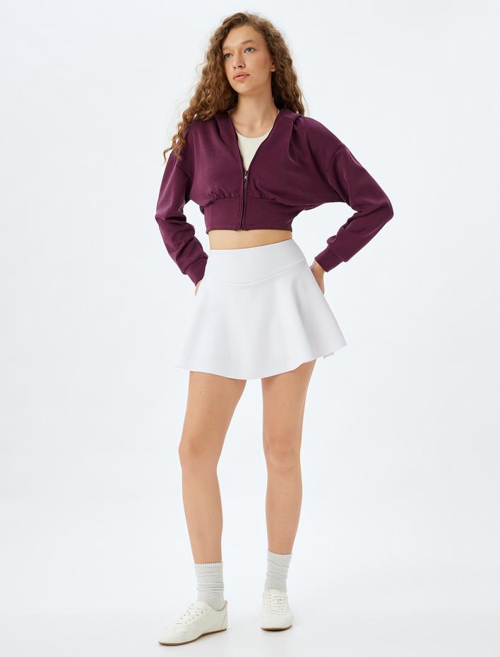  Crop Kapüşonlu Sweatshirt Fermuarlı Kalın Modal Kumaş Rahat Kalıp