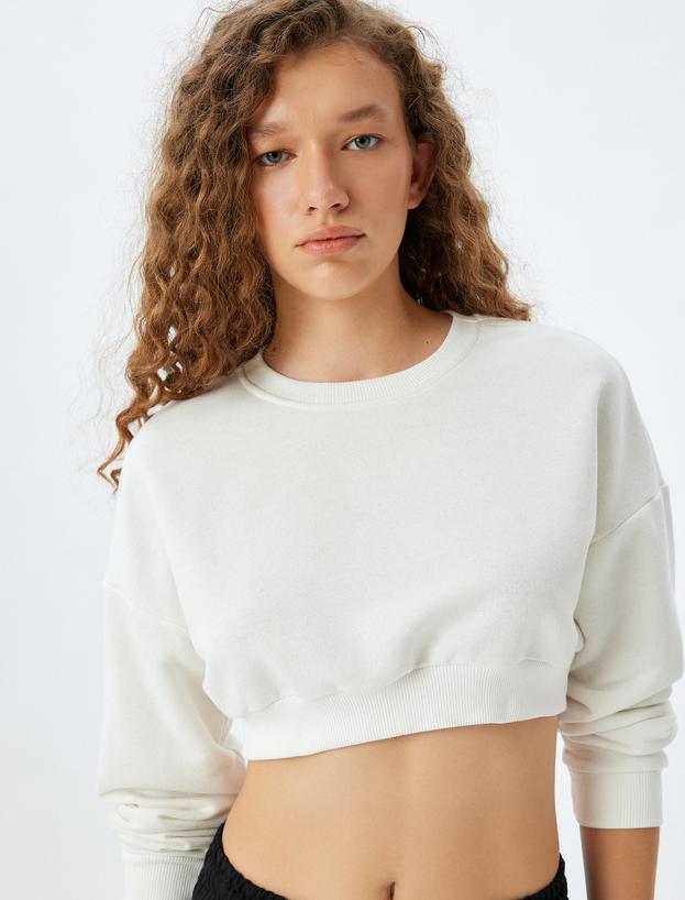 Basic Crop Bisiklet Yaka Uzun Kollu Rahat Kalıp Sweatshirt_1