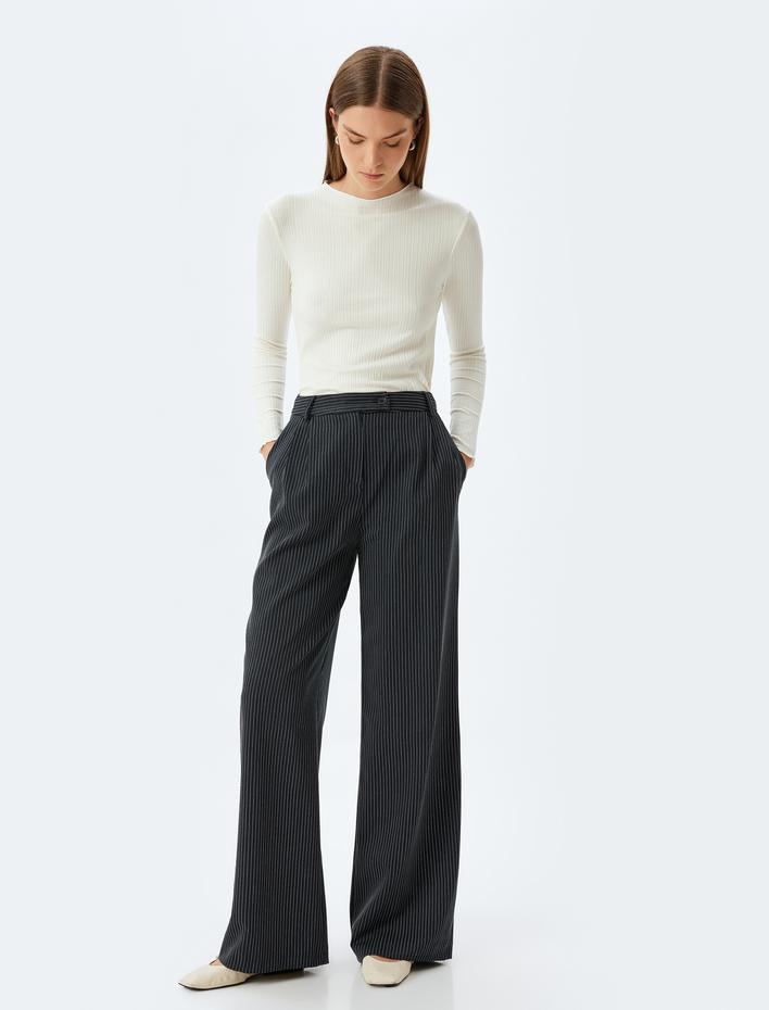  Uzun Kollu Tişört Dokulu Hafif Dik Yaka Viskon Kumaş