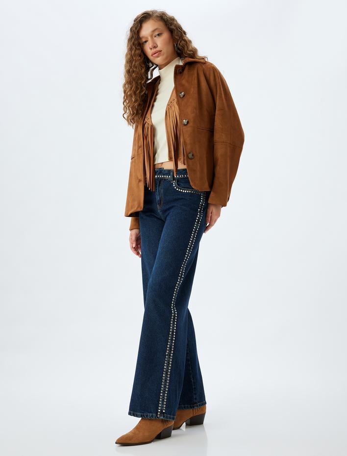  Geniş Paça Düğmeli Taşlı Cep Detaylı Kot Pantolon - Wide Leg Jeans