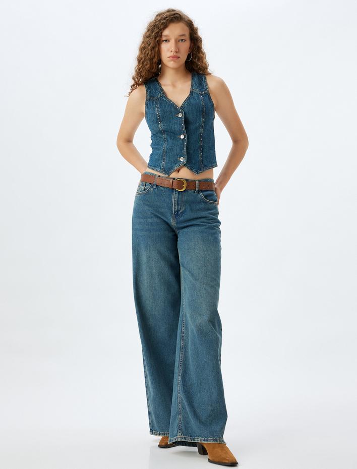  V Yaka Taşlı Düğmeli Kolsuz Slim Fit Kot Yelek