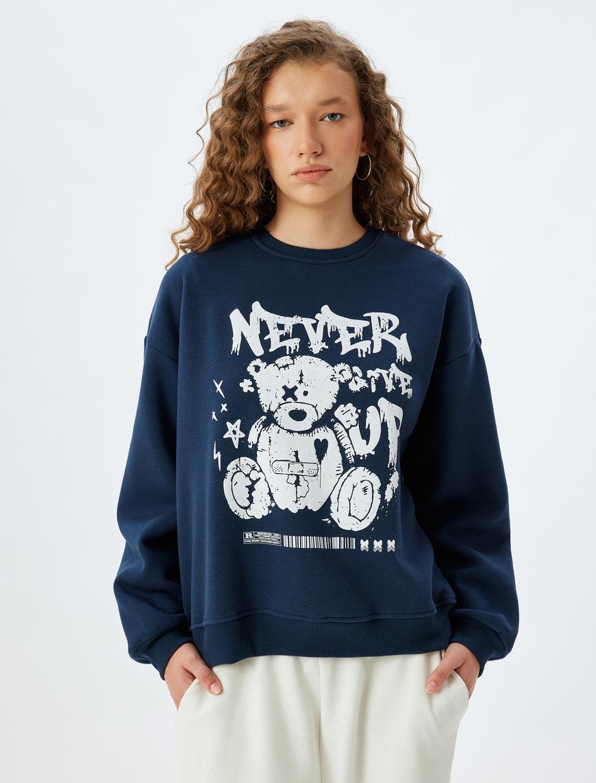   Bisiklet Yaka Slogan Baskılı Oversize Şardonlu Sweatshirt