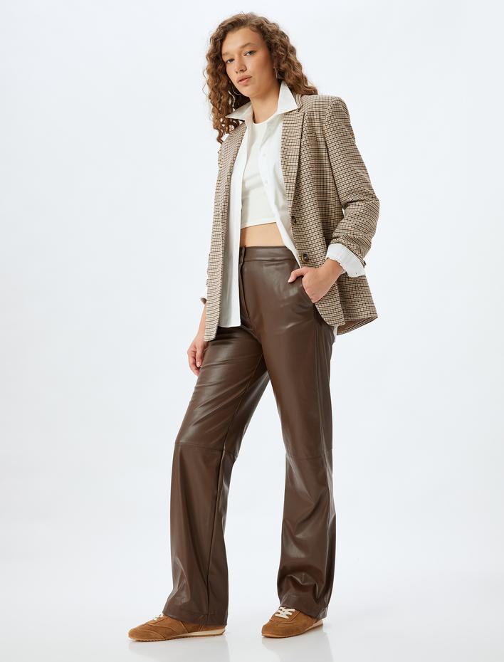  Suni Deri Dikiş Detaylı Düğmeli Düz Paça Pantolon
