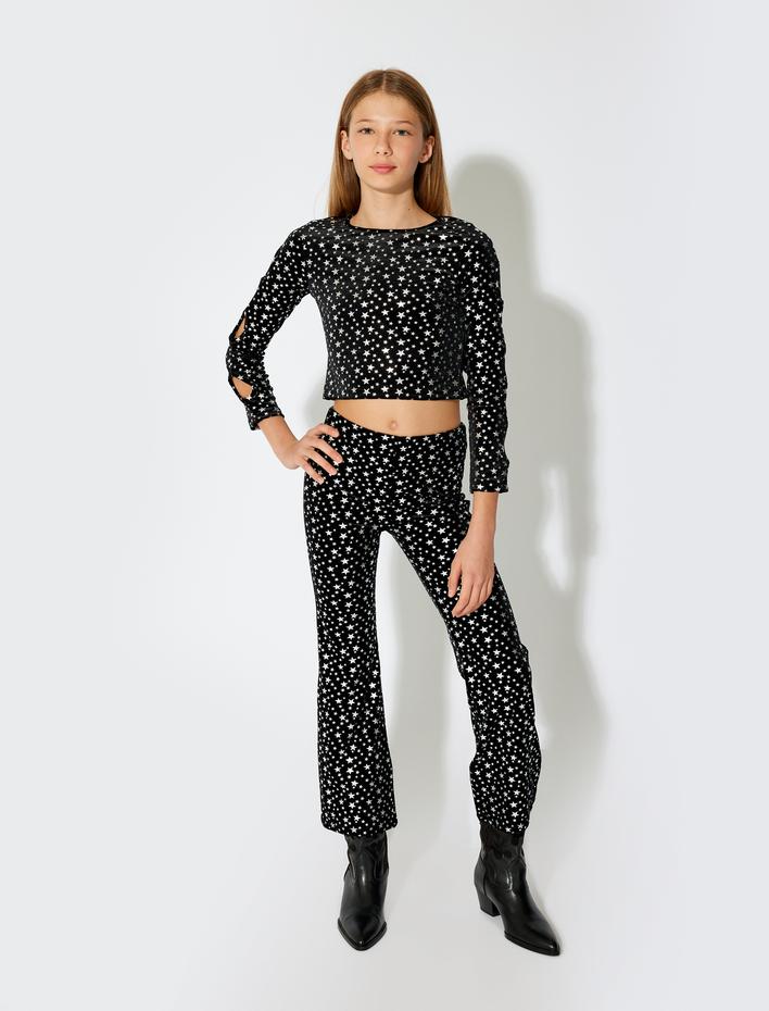 Kız Çocuk Yıldız Baskılı Uzun Kollu Bisiklet Yaka Crop Bluz