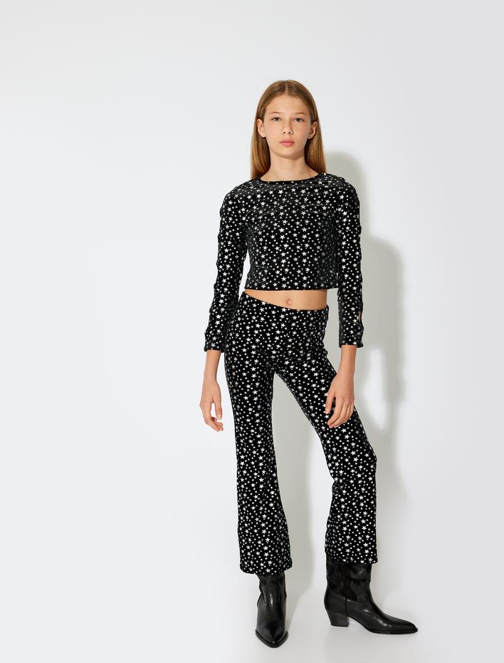 Kız Çocuk Yıldız Baskılı Beli Lastikli İspanyol Paça Pantolon