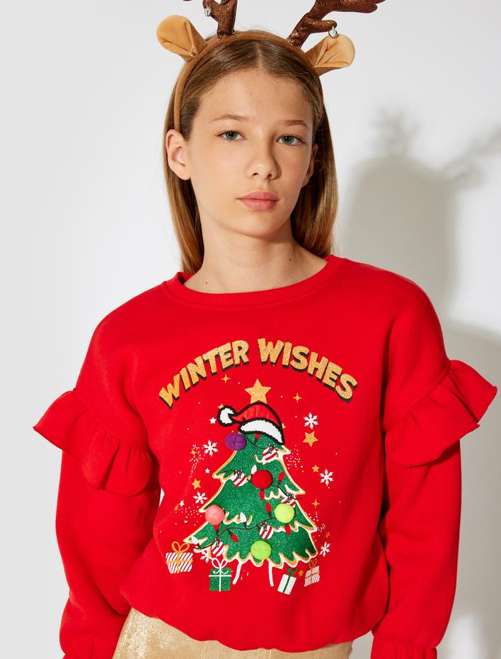 Kız Çocuk Ponpon Detaylı Fırfırlı Uzun Kollu Yılbaşı Temalı Şardonlu Sweatshirt