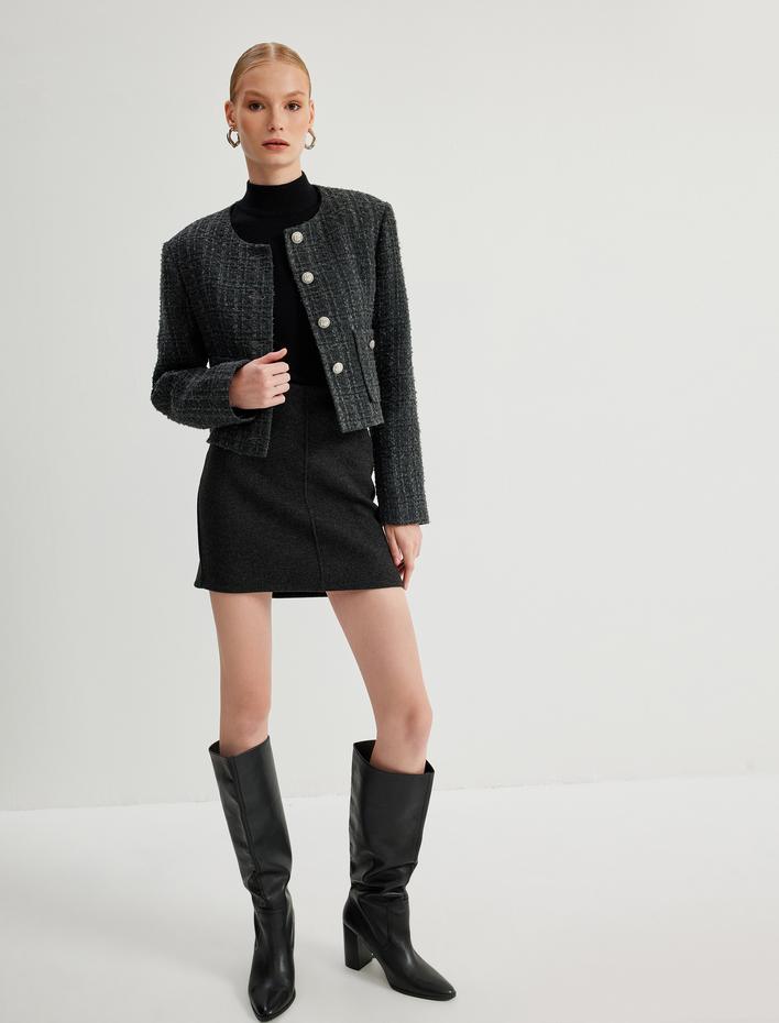  Tüvit Ceket Yuvarlak Yaka Düğmeli Cepli