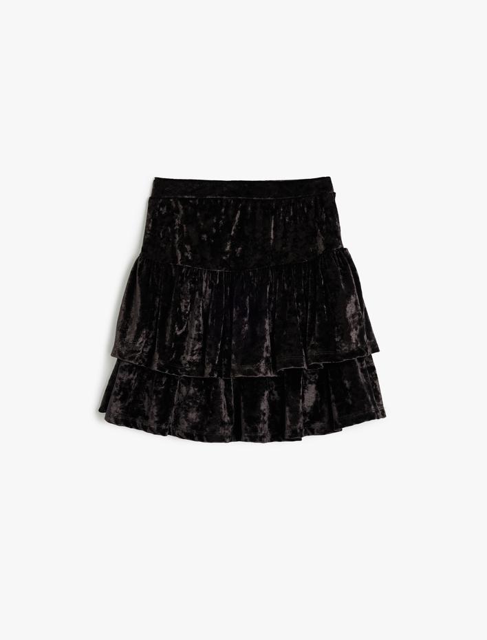 Kız Çocuk Beli Lastikli Fırfırlı Katlı Kadife Etek