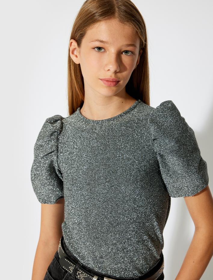 Kız Çocuk Bluz Kısa Balon Kollu Bisiklet Yaka Viskon Karışımlı