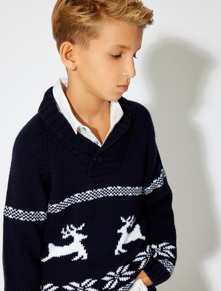 Erkek Çocuk Geyik Desenli Düğme Detaylı Uzun Kollu Triko Kazak