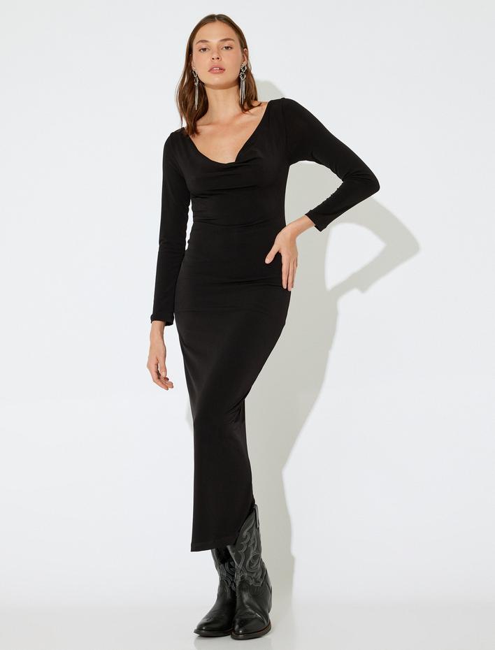  Koton X İnji - Degaje Yaka Uzun Kollu Sırt Detaylı Midi Elbise