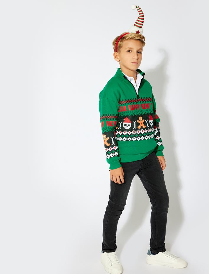 Erkek Çocuk Dik Yaka Yarım Fermuarlı Pamuklu Kuru Kafa Baskılı Şardonlu Sweatshirt