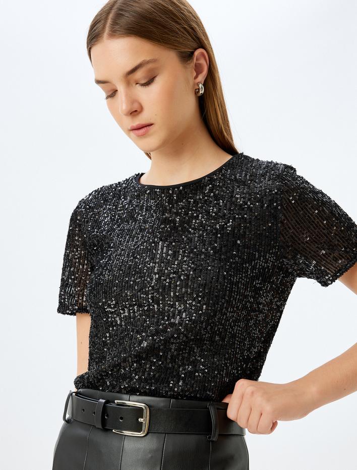  Abiye Bluz Pullu Payetli Kısa Kollu Bisiklet Yaka