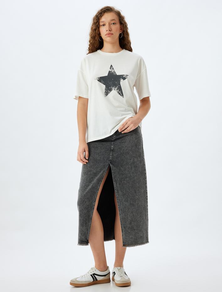  Yıldız Baskılı Tişört Bisiklet Yaka Kısa Kollu Rahat Kalıp Pamuklu