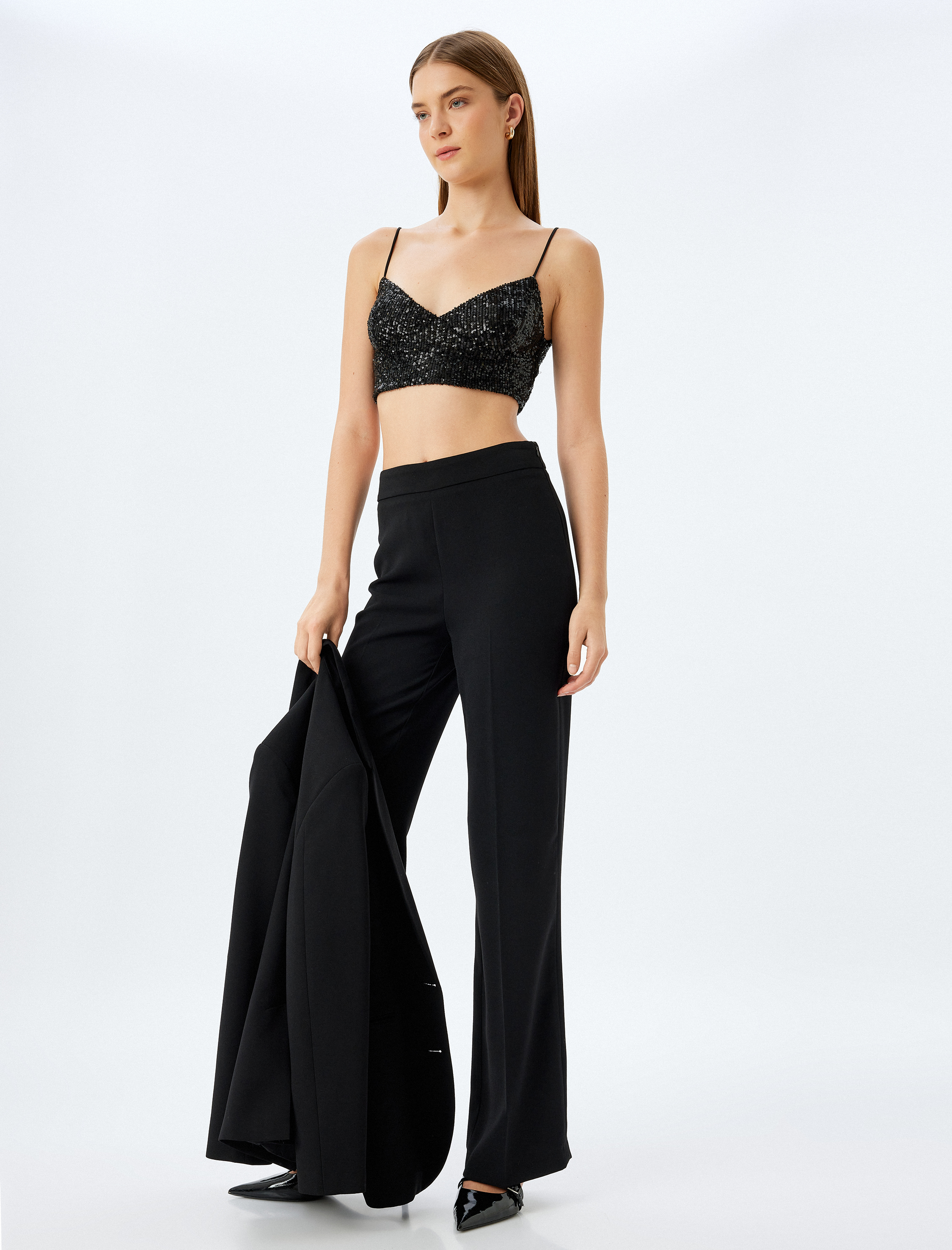   Crop Abiye Bluz Pullu Payetli İp Askılı V Yaka Slim Fit