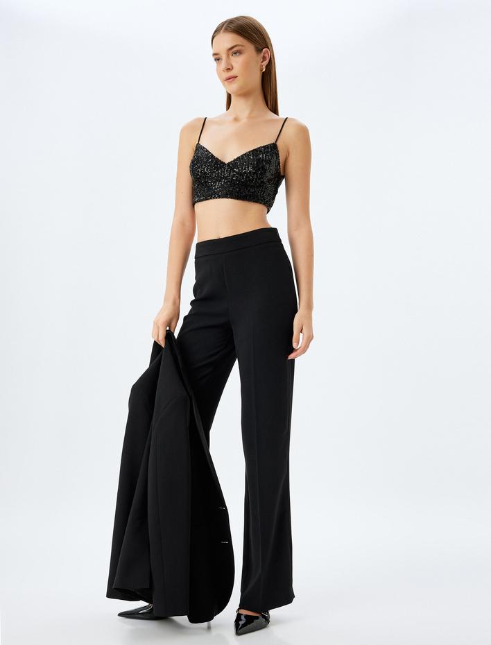  Crop Abiye Bluz Pullu Payetli İp Askılı V Yaka Slim Fit