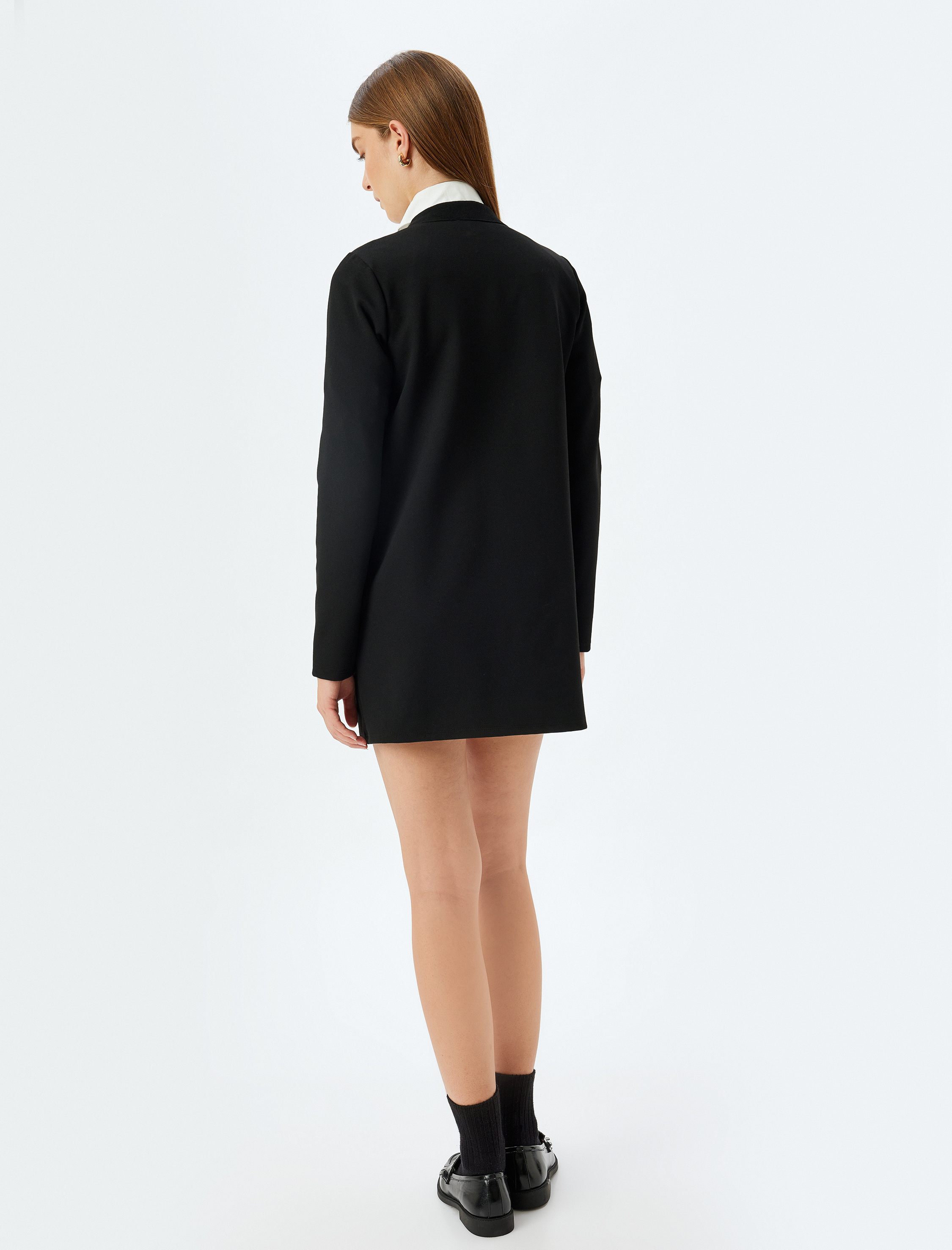   Uzun Kollu Gömlek Yaka Gold Düğme Detaylı Mini Elbise