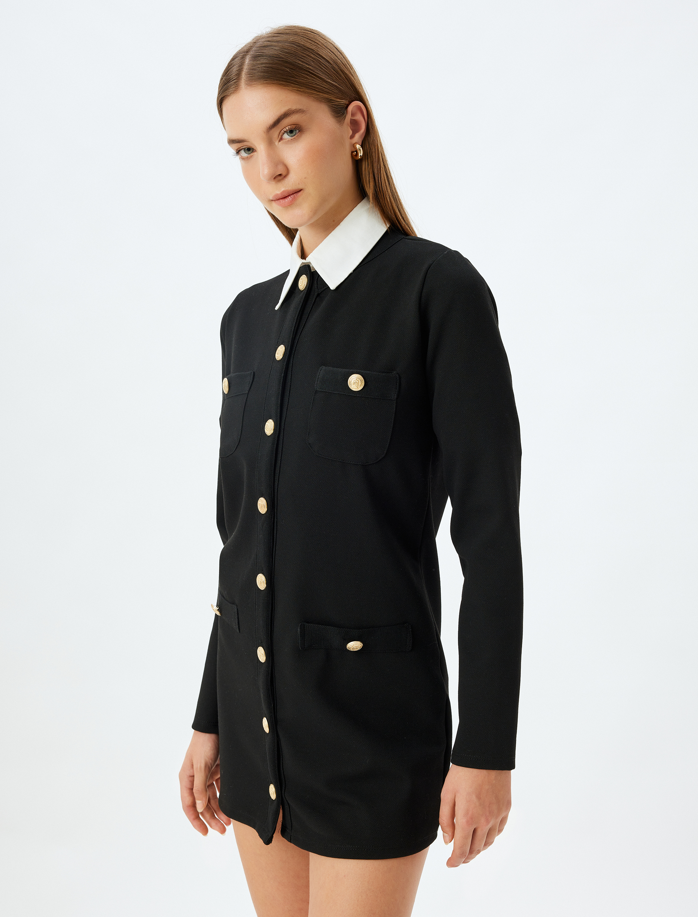   Uzun Kollu Gömlek Yaka Gold Düğme Detaylı Mini Elbise