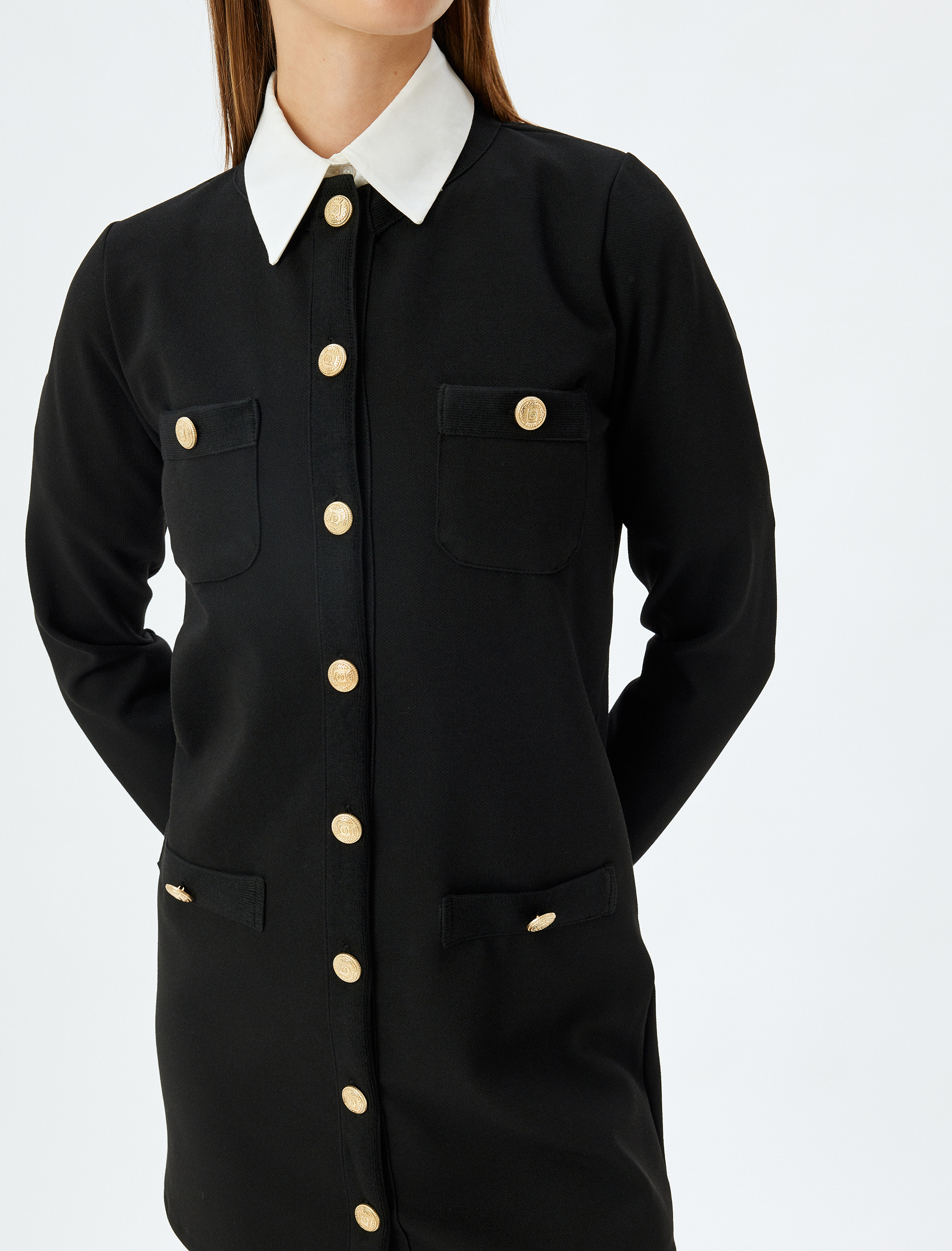   Uzun Kollu Gömlek Yaka Gold Düğme Detaylı Mini Elbise