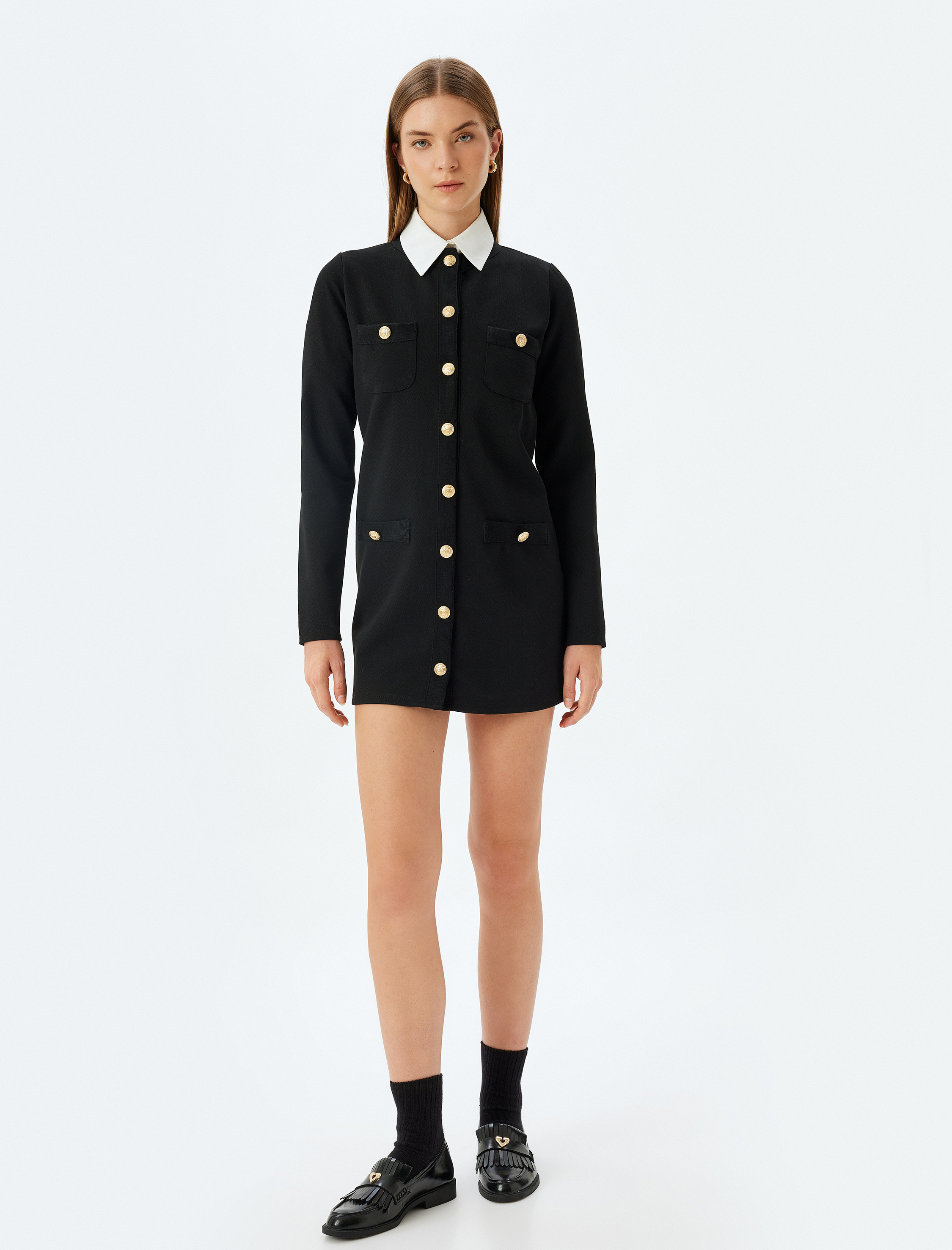   Uzun Kollu Gömlek Yaka Gold Düğme Detaylı Mini Elbise