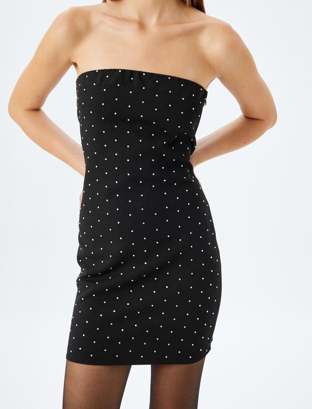 Mini Taşlı Straplez Kolsuz Slim Fit Abiye Elbise_4