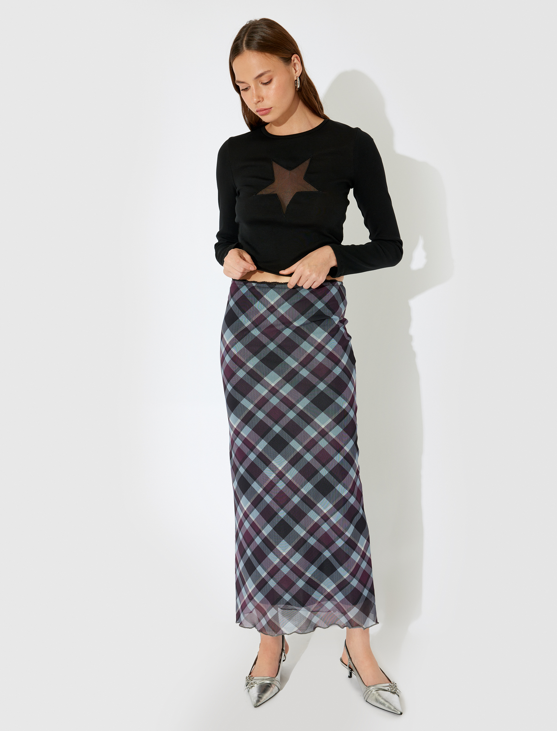   Koton X İnji - Fitilli Transparan Yıldız Motifli Uzun Kollu Bisiklet Yaka Tişört