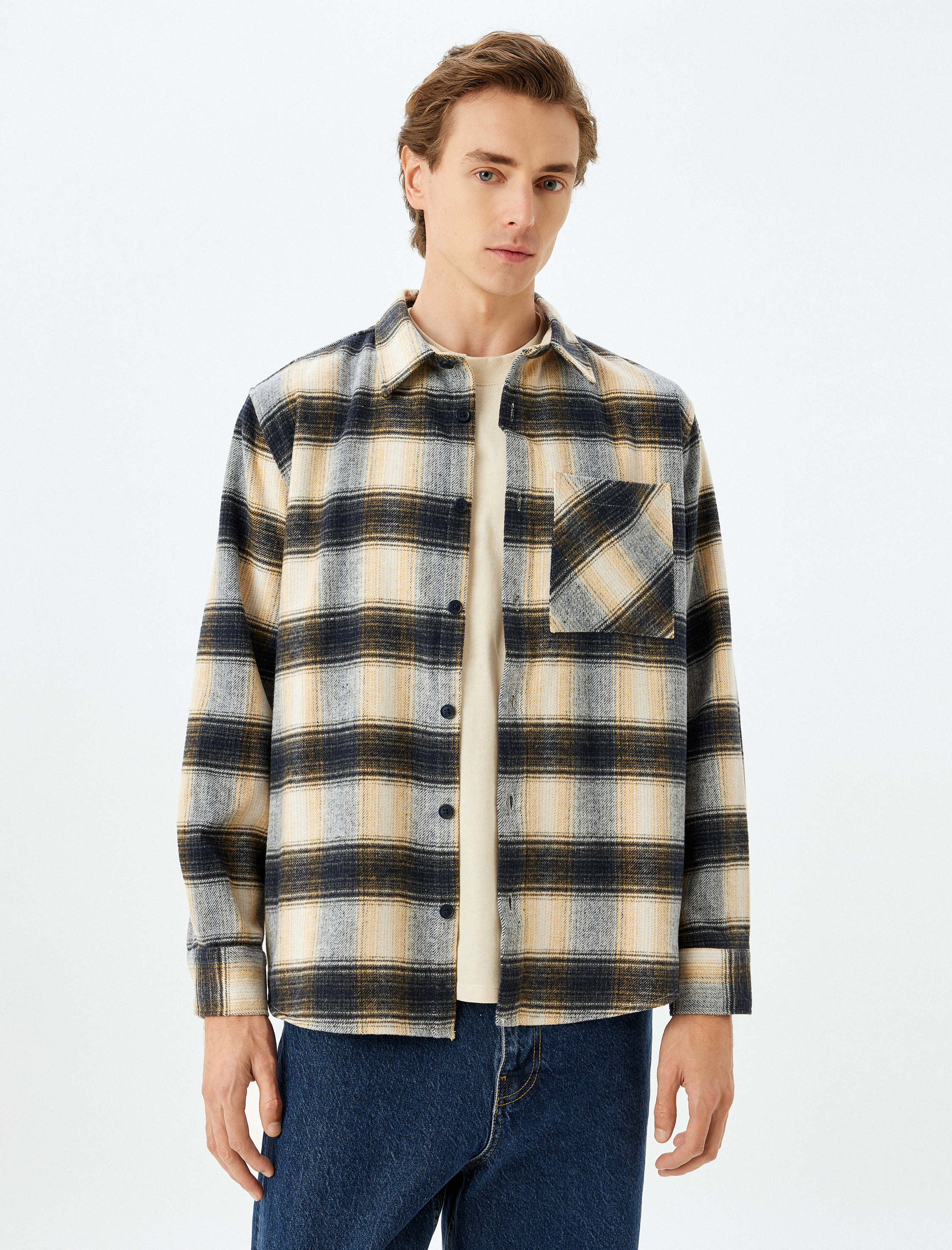   Uzun Kollu Cep Detaylı Regular Fit Pamuk Karışımlı Kışlık Oduncu Gömleği