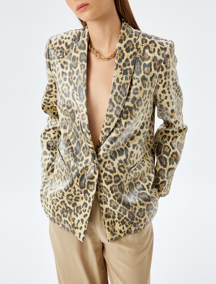  Viskon Düğmeli Cepli Kruvaze Leopar Desenli  Blazer Ceket