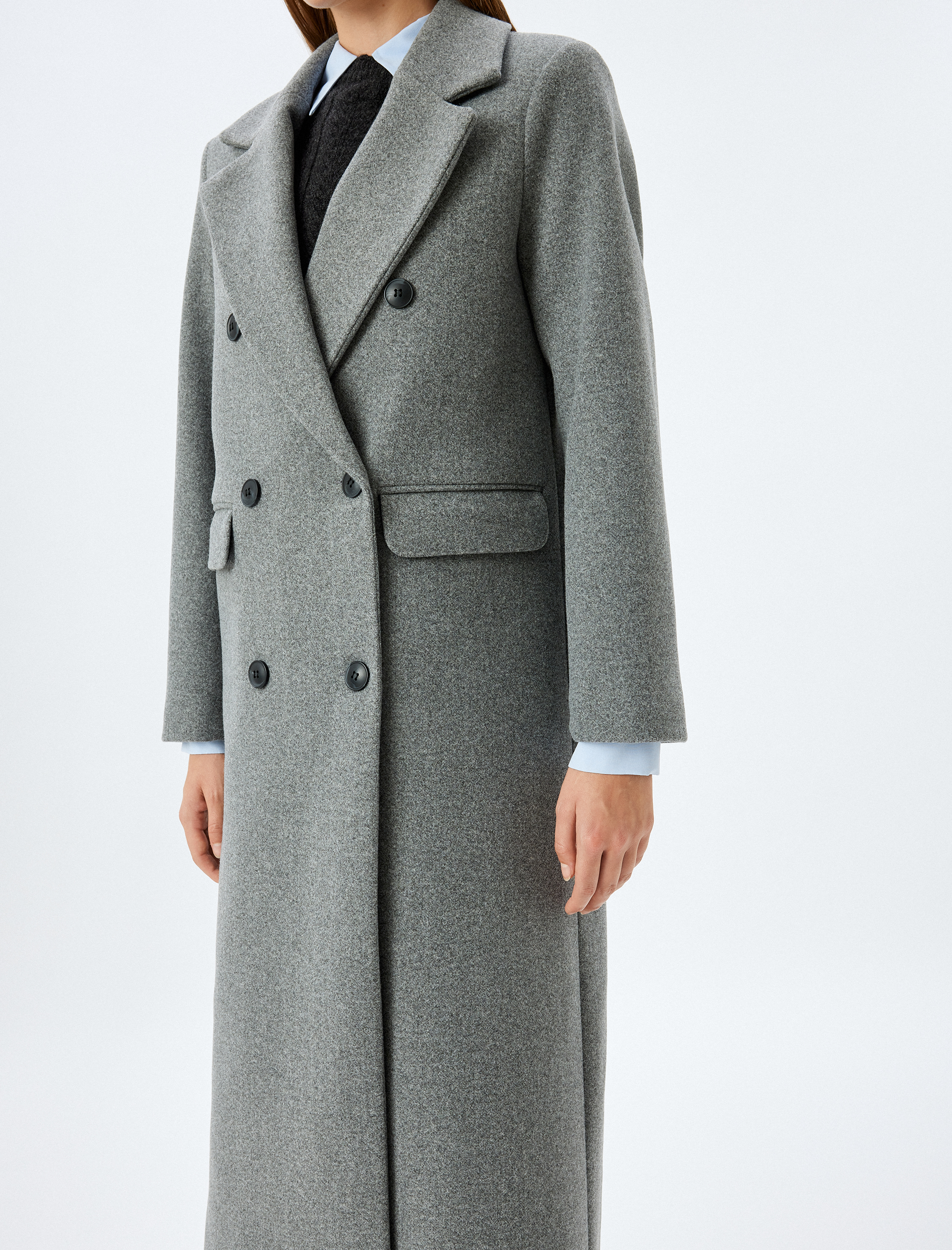   Cepli Düğmeli Kruvaze Uzun Kaşe Kaban