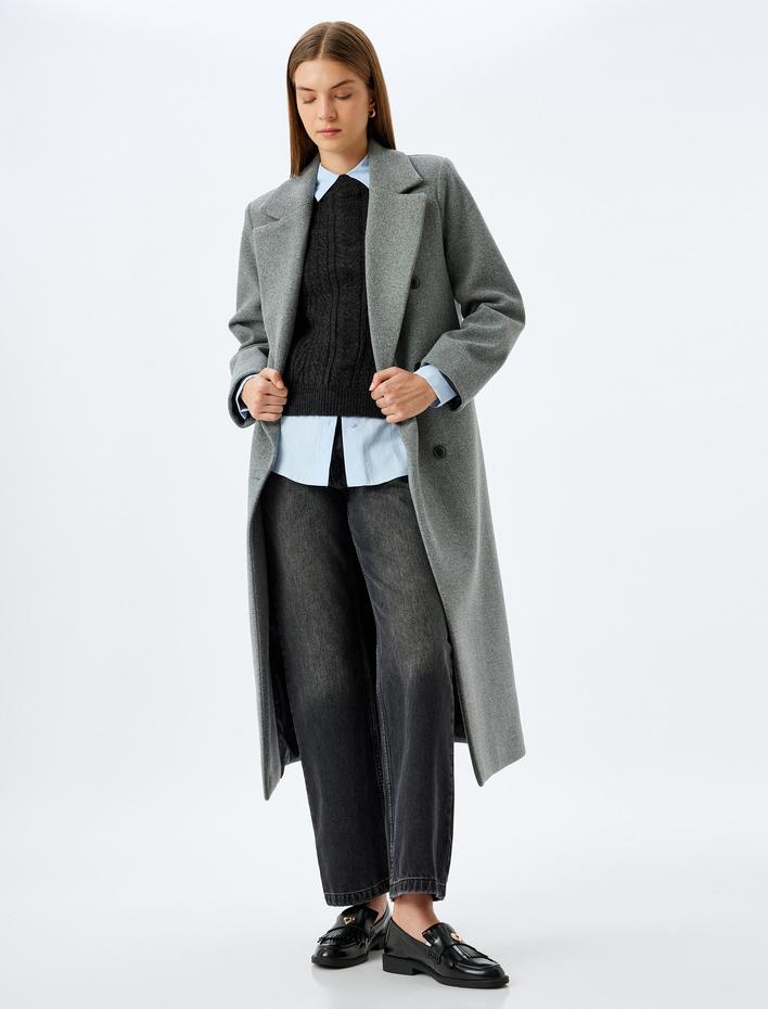  Cepli Düğmeli Kruvaze Uzun Kaşe Kaban