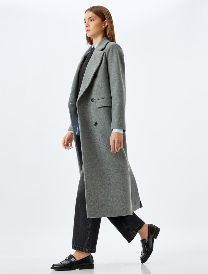  Cepli Düğmeli Kruvaze Uzun Kaşe Kaban